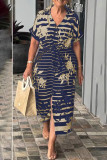 Casual Floral Print Lace Up V Neck Shirt Short Sleeve Dress