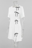 Daily Solid Color Slit Bow Decor O Neck Short Sleeve Short Sleeve Dress
