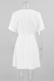 Daily Solid Color Slit Bow Decor O Neck Short Sleeve Short Sleeve Dress