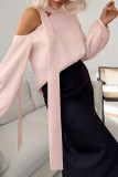 Elegant Solid Color Hollow Out Lace Up Irregular Tie Neck Tops