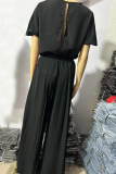 Casual Solid Color With Belt Pleated Pile Heap Collar Loose Jumpsuits