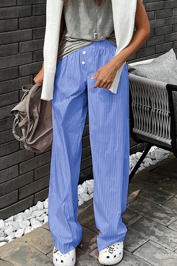 Casual Daily Striped Print Buttons Contrast Loose Mid Waist Wide Leg Full Print Bottoms