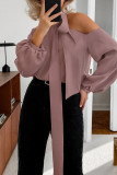 Elegant Solid Color Hollow Out Lace Up Irregular Tie Neck Tops
