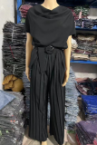 Casual Solid Color With Belt Pleated Pile Heap Collar Loose Jumpsuits