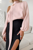 Elegant Solid Color Hollow Out Lace Up Irregular Tie Neck Tops