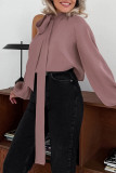 Elegant Solid Color Hollow Out Lace Up Irregular Tie Neck Tops