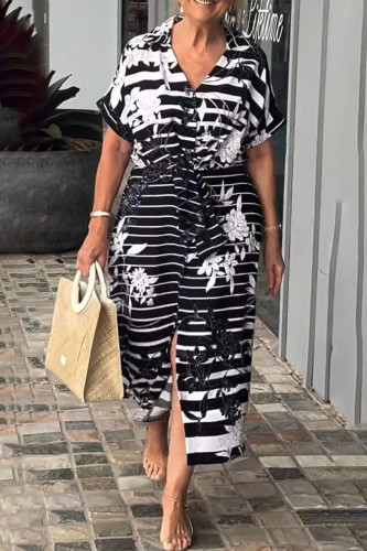 Casual Floral Print Lace Up V Neck Shirt Short Sleeve Dress
