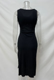 Casual Solid Color Hollow Out U Neck Wrapped Skirt Dresses
