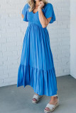 Elegant Solid Color Ruffle V Neck A Line Short Sleeve Dress