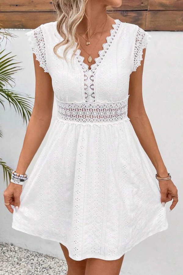 Sexy Solid Color Lace Hollow Out V Neck Waist Skirt Dresses