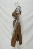 Casual Solid Color Hollow Out U Neck Wrapped Skirt Dresses