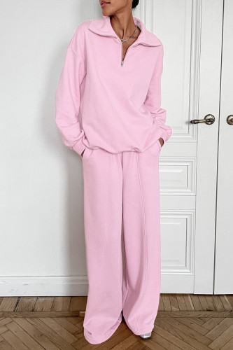 Casual Daily Solid Color Pocket Zipper Turndown Collar Long Sleeve Two Pieces