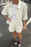 Casual Daily Solid Color Plaid Pocket Buckle Turndown Collar Short Sleeve Two Pieces