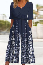 Casual Floral Print Pocket V Neck Loose Jumpsuits