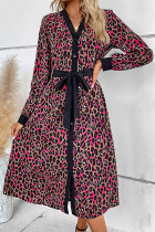 Elegant Leopard Print Lace Up Patchwork Contrast V Neck A Line Dresses