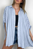 Casual Daily Stripe Buttons Turndown Collar Tops