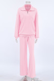 Casual Daily Solid Color Pocket Zipper Turndown Collar Long Sleeve Two Pieces