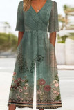 Casual Floral Print Pocket V Neck Loose Jumpsuits
