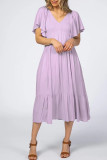 Elegant Solid Color Ruffle V Neck A Line Short Sleeve Dress