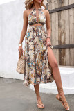 Sexy Bohemian Floral Print Hollow Out Strap Design Halter Printed Dresses