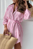 Casual Striped Print Lace Up Buttons Turndown Collar Shirt Dresses