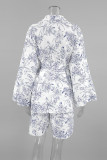 Casual Vacation Floral Print Lace Up Contrast Turndown Collar Long Sleeve Two Pieces