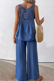 Casual Daily Solid Color Lace Hollow Out O Neck Sleeveless Two Pieces