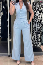 Casual Daily Solid Color Buttons Irregular Turn-back Collar Sleeveless Two Pieces