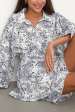 Casual Vacation Floral Print Lace Up Contrast Turndown Collar Long Sleeve Two Pieces
