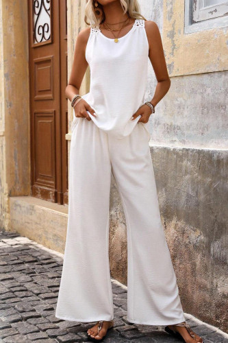 Casual Daily Solid Color Lace Hollow Out O Neck Sleeveless Two Pieces
