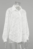 Daily Elegant Solid Color Jacquard See-Through Turndown Collar Tops