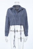 Casual Daily Striped Print Draw String Buttons Turndown Collar Tops