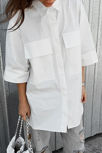 Casual Daily Solid Color Pocket Turndown Collar Tops