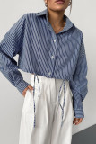 Casual Daily Striped Print Draw String Buttons Turndown Collar Tops