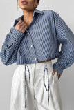 Casual Daily Striped Print Draw String Buttons Turndown Collar Tops