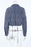 Casual Daily Striped Print Draw String Buttons Turndown Collar Tops
