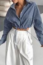 Casual Daily Striped Print Draw String Buttons Turndown Collar Tops