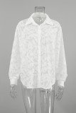 Daily Elegant Solid Color Jacquard See-Through Turndown Collar Tops