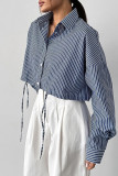 Casual Daily Striped Print Draw String Buttons Turndown Collar Tops