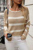 Casual Stripe Weave Contrast O Neck Tops