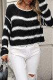 Casual Stripe Weave Contrast O Neck Tops