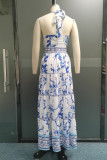 Vacation Elegant Floral Print Hollow Out Backless Halter Sleeveless Dresses