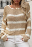 Casual Stripe Weave Contrast O Neck Tops