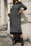 Casual Street Stripe Weave Contrast O Neck Straight Dresses
