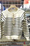 Casual Stripe Buckle Weave Contrast O Neck Tops