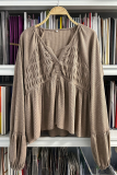Casual Daily Solid Color Buttons Ruched Potholes V Neck Tops