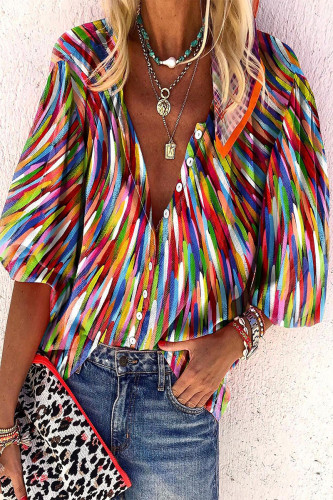 Casual Daily Striped Print Buttons Contrast V Neck Tops
