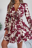 Casual Flowers Print Lace Up V Neck A Line Dresses