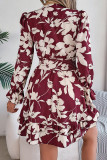 Casual Flowers Print Lace Up V Neck A Line Dresses