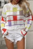 Casual Colorblock Hollow Out Weave O Neck Tops